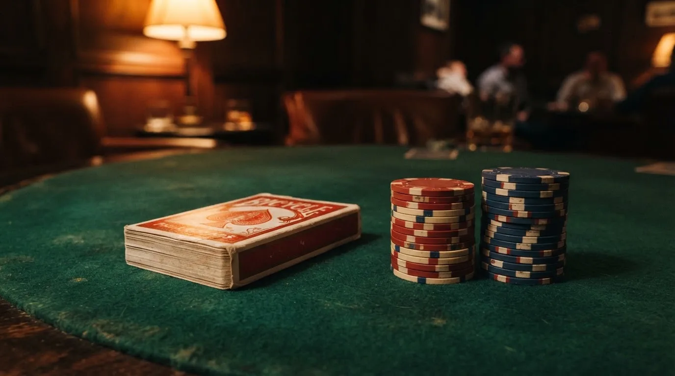 Kortlek och staplar av spelmarker på ett grönt filtbord i en dunkel salong, varmt lampsken — 10 euro casino i sverige