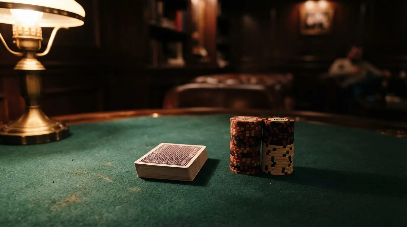 Kortlek och staplar av spelmarker på ett grönt filtbord i en dunkel salong, varmt lampsken — 10 free spins casino i sverige