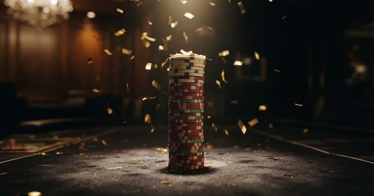 Guldkonfetti faller över spelmarker på ett svart bord, en ljuskägla träffar högens topp — 10 free spins casino i sverige
