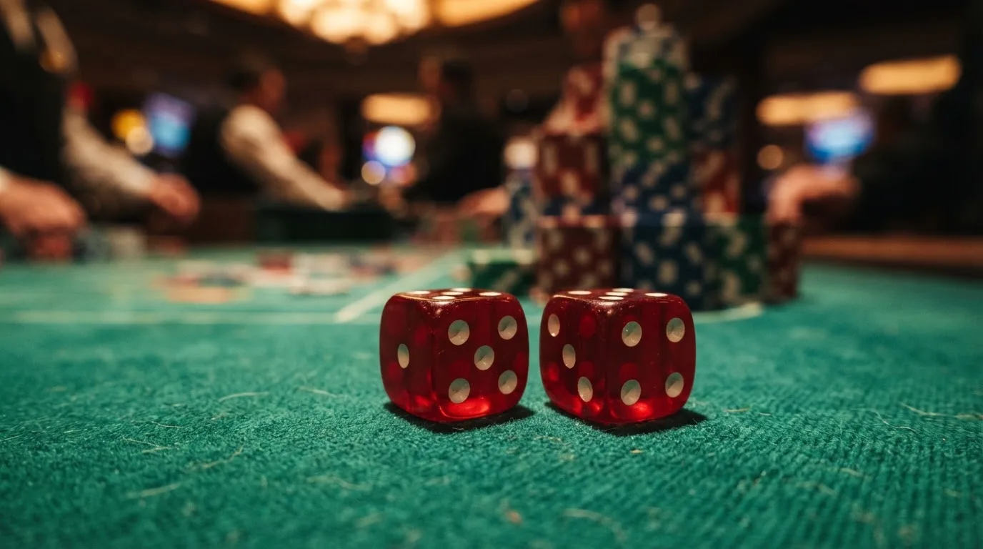 Röda tärningar vilar på grönt filt, bakom dem suddiga torn av spelmarker i kvällsdunklet — 10 kr casino i sverige