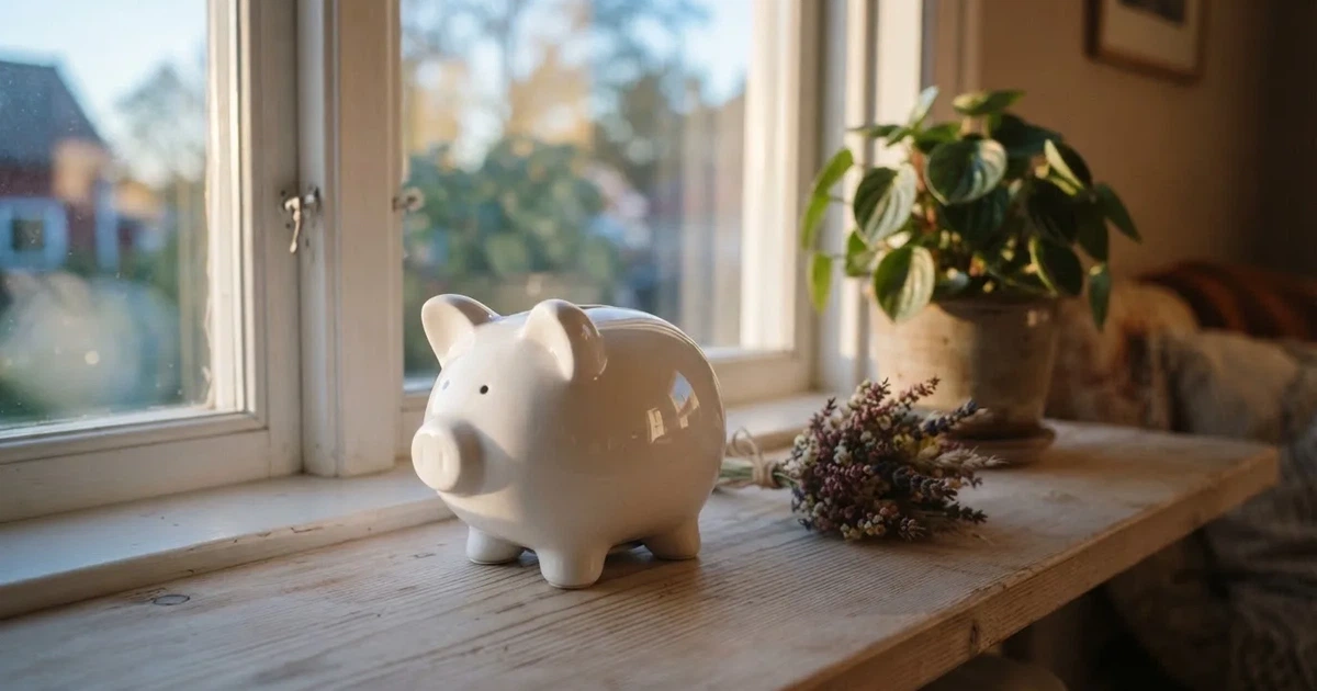 En porslinsgris på fönsterbrädan i morgonljus, bredvid en torkad blombukett och en grön växt — 10 kr casino i sverige