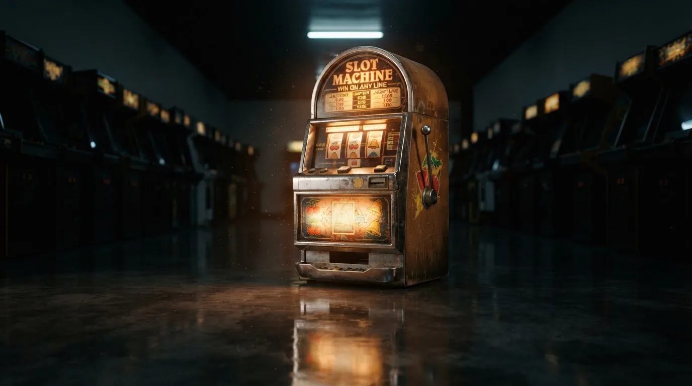 En gammal spelautomat lyser i den dunkla hallen och speglar sig i golvet — 100 free spins casino i sverige