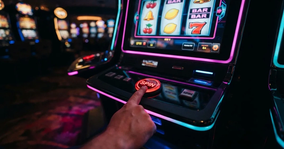 Ett finger trycker på spelautomatens klarröda knapp i dunklet, neonljus lyser runt omkring — 100 free spins casino i sverige