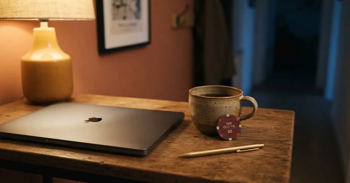 Kaffekopp och penna på ett smalt hallbord i skymning, en stängd bärbar dator vid sidan — 100 kr casino i sverige