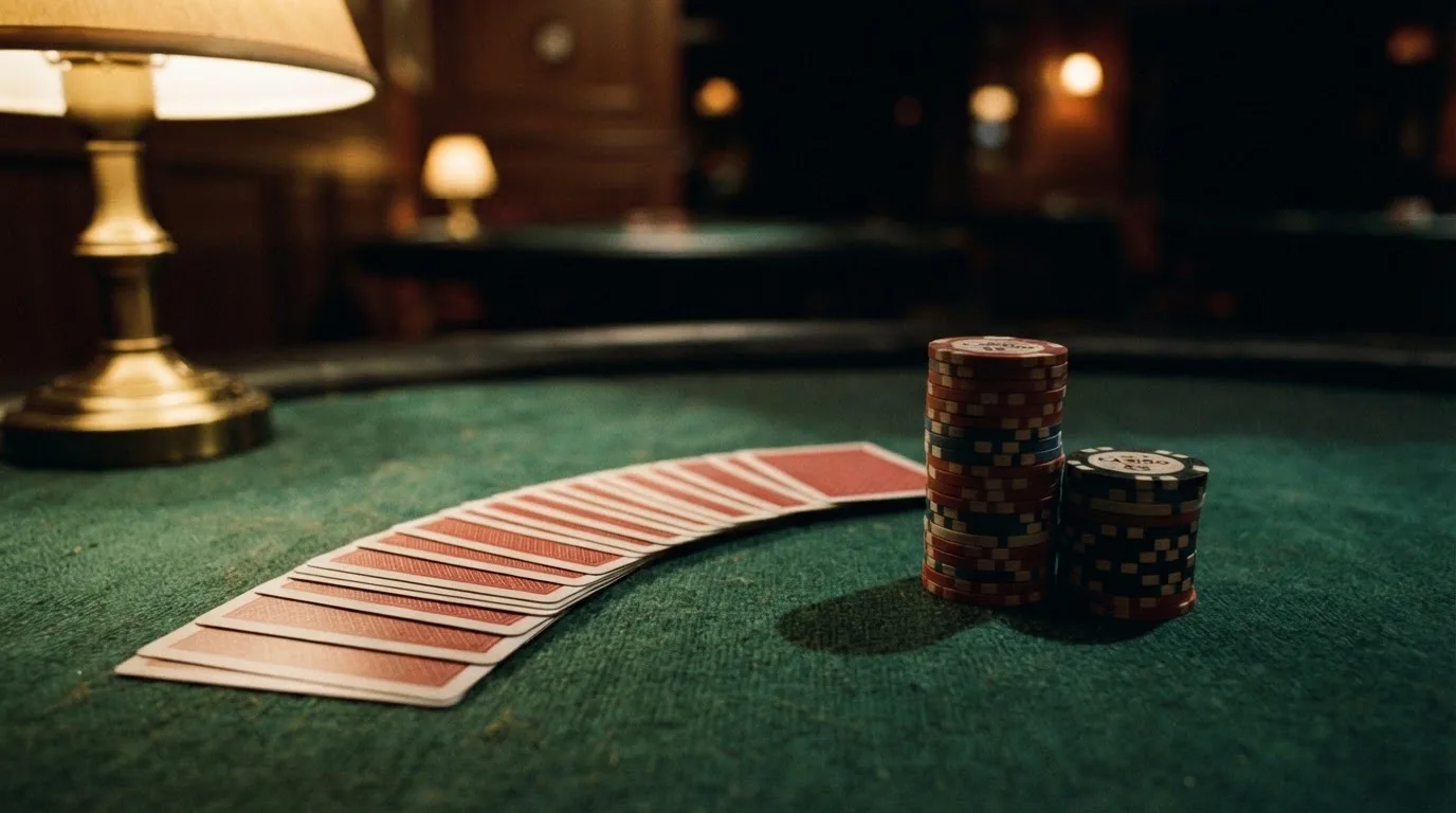 Kortlek och staplar av spelmarker på ett grönt filtbord i en dunkel salong, varmt lampsken — 150 free spins casino i sverige