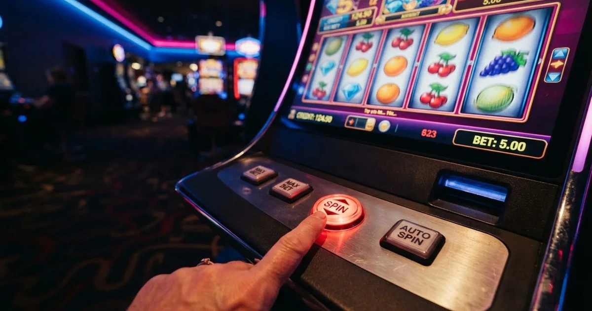 Ett finger trycker på spelautomatens klarröda knapp i dunklet, neonljus lyser runt omkring — 150 free spins casino i sverige