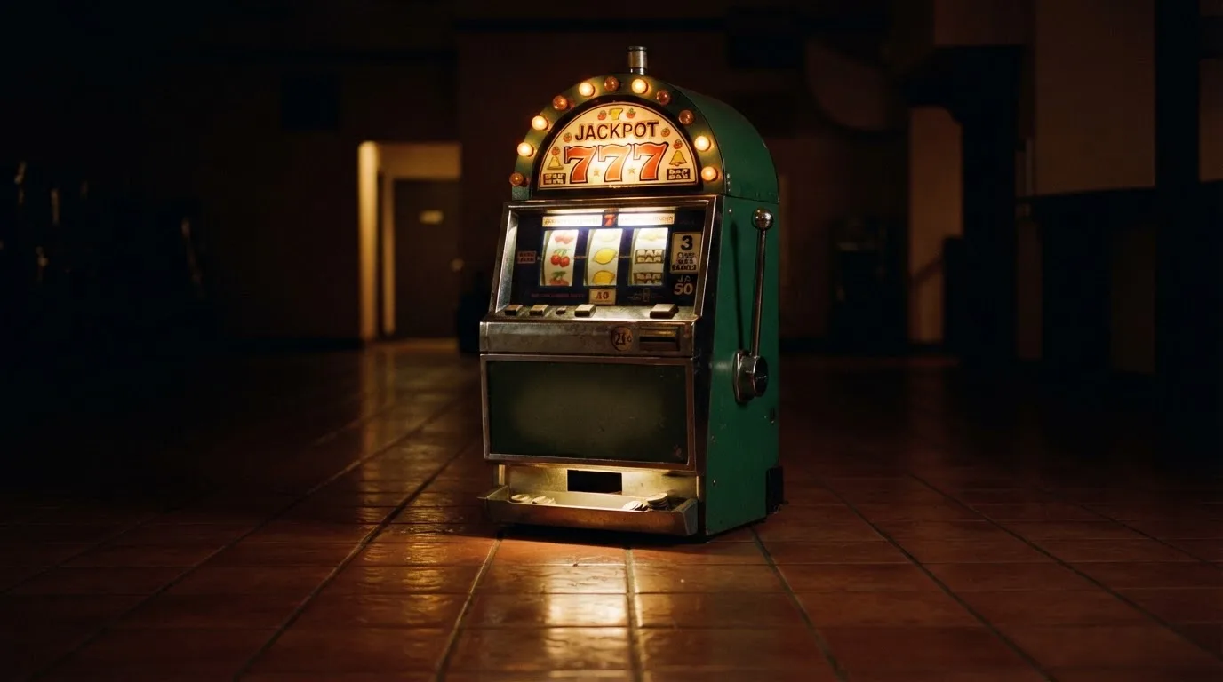 En gammal spelautomat lyser i den dunkla hallen och speglar sig i golvet — 150 kr casino i sverige