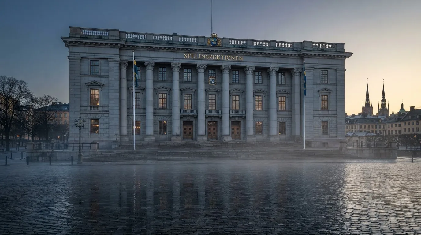 Stenfasad på en statlig byggnad i Stockholm vid gryning, höga pelare och ett tomt torg framför — 150 kr casino i sverige