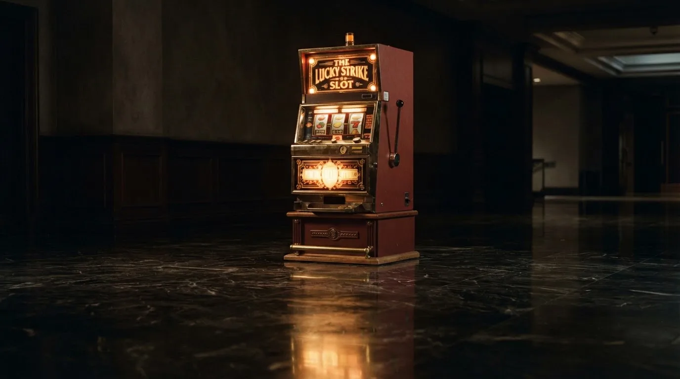 En gammal spelautomat lyser i den dunkla hallen och speglar sig i golvet — 20 euro casino i sverige