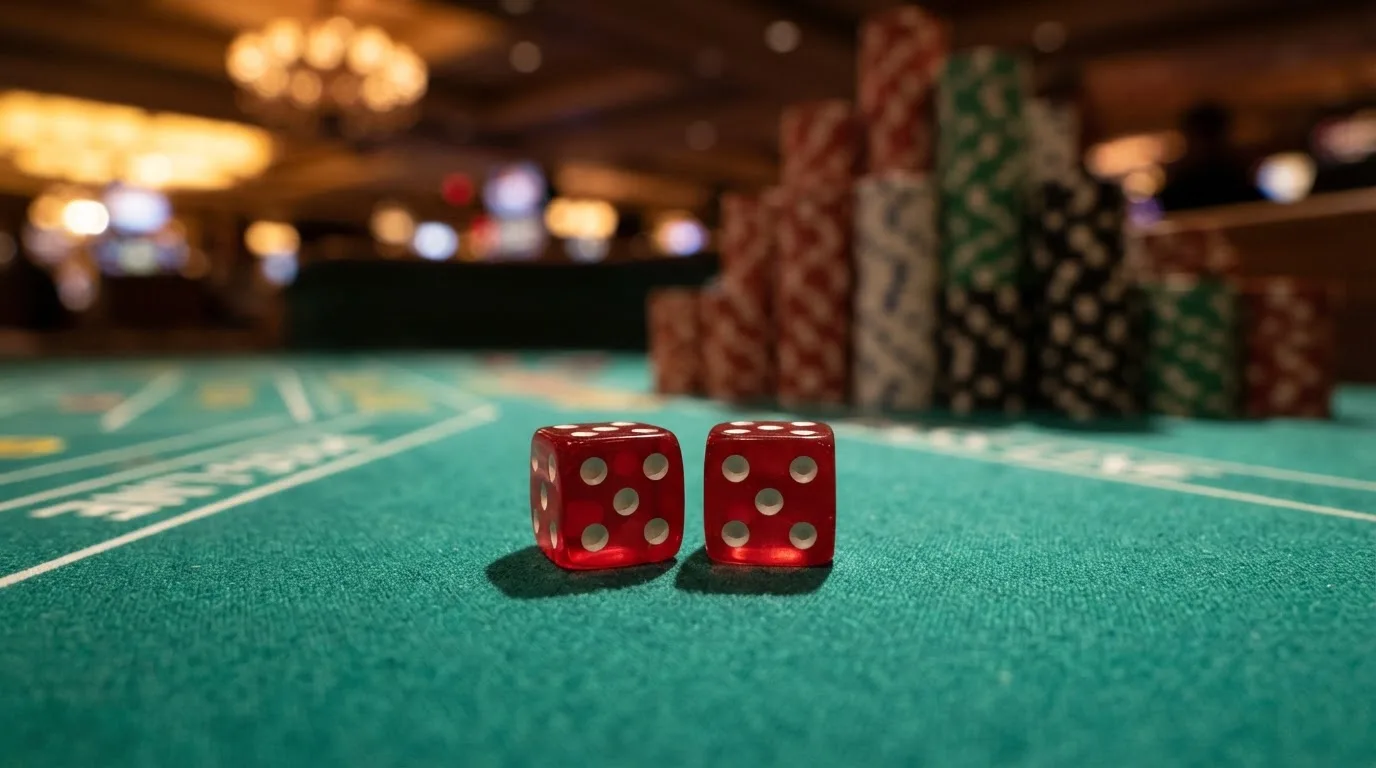 Röda tärningar vilar på grönt filt, bakom dem suddiga torn av spelmarker i kvällsdunklet — 20 free spins casino i sverige
