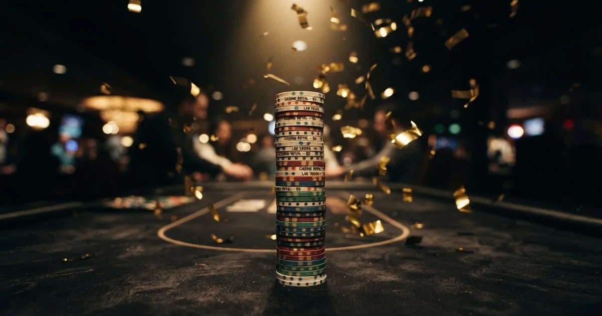 Guldkonfetti faller över spelmarker på ett svart bord, en ljuskägla träffar högens topp — 200 free spins casino i sverige