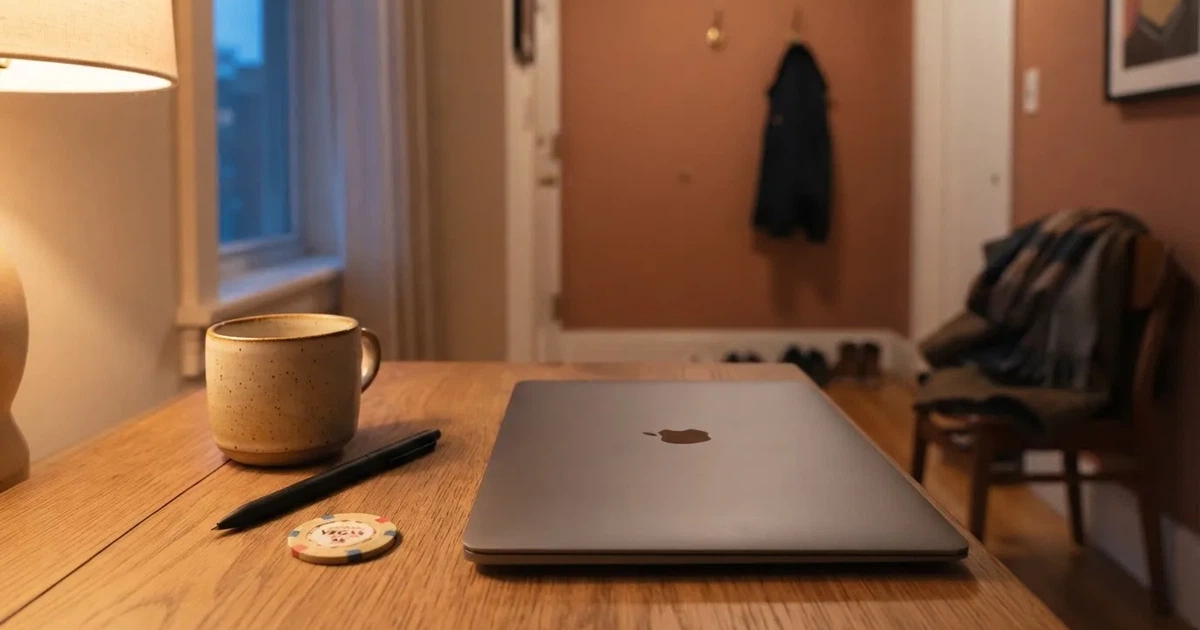 Kaffekopp och penna på ett smalt hallbord i skymning, en stängd bärbar dator vid sidan — 200 kr casino i sverige