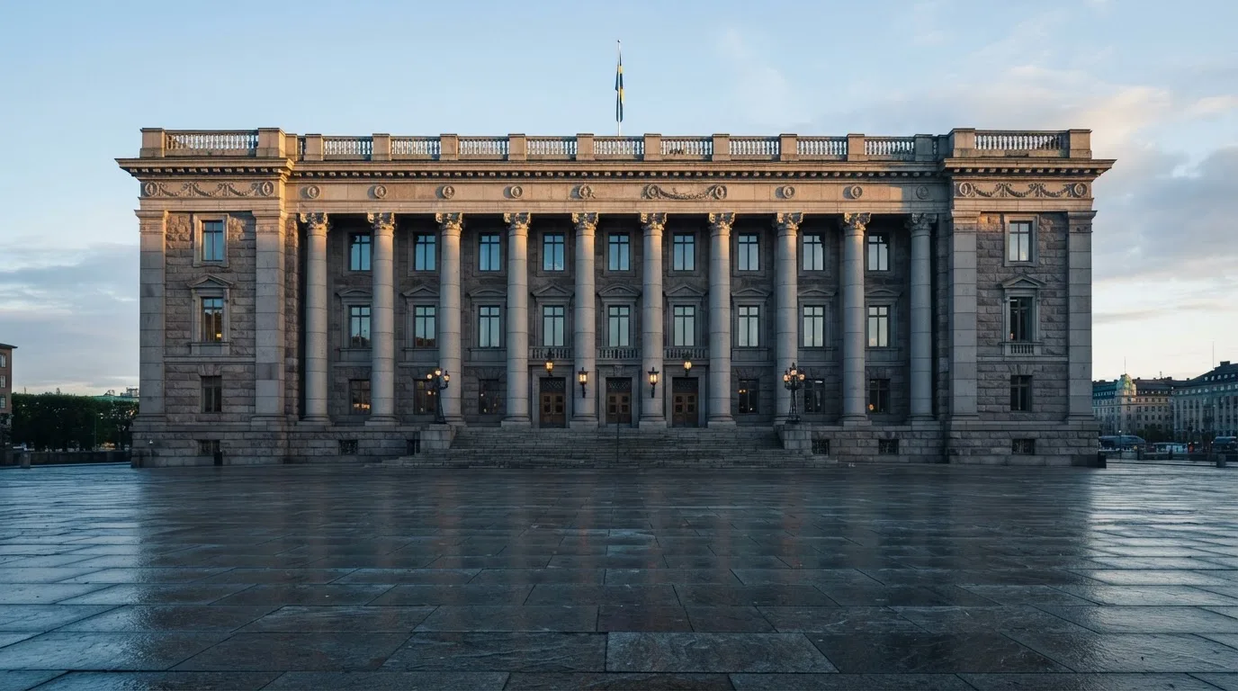 Stenfasad på en statlig byggnad i Stockholm vid gryning, höga pelare och ett tomt torg framför — 200 kr casino i sverige