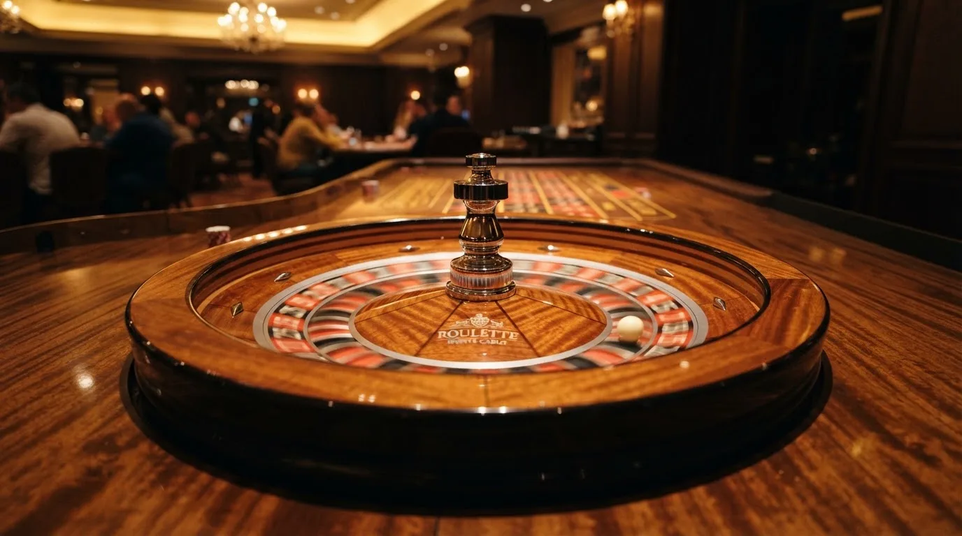 Ett roulettehjul snurrar på ett blankt träbord, den vita kulan glimmar i takljusets guld — 30 free spins casino i sverige