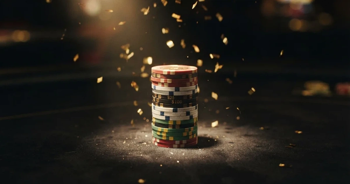 Guldkonfetti faller över spelmarker på ett svart bord, en ljuskägla träffar högens topp — 30 free spins casino i sverige