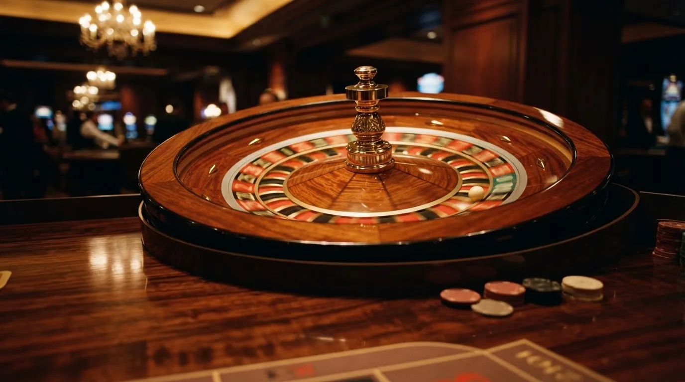 Ett roulettehjul snurrar på ett blankt träbord, den vita kulan glimmar i takljusets guld — 40 free spins casino i sverige