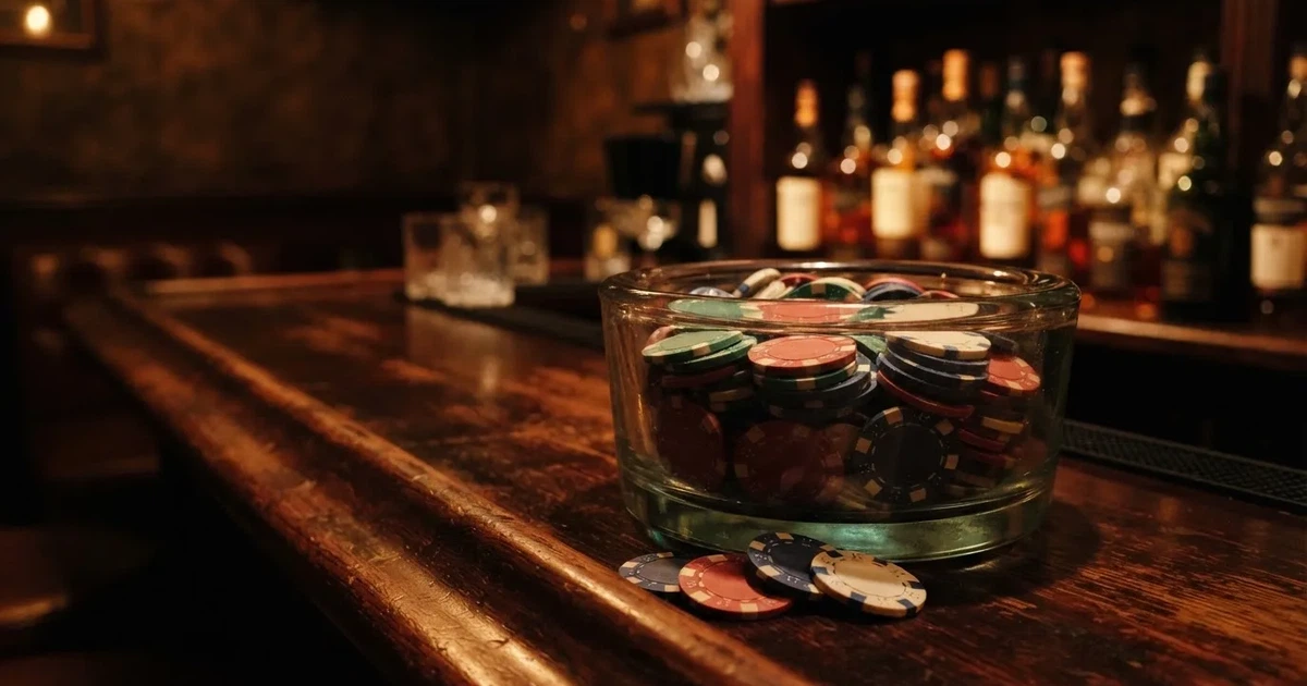 En glasskål full av färgglada spelmarker på en bardisk, flaskor glöder bakom i bärnstensfärg — 40 free spins casino i sverige