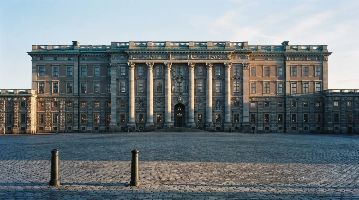 Stenfasad på en statlig byggnad i Stockholm vid gryning, höga pelare och ett tomt torg framför — 40 free spins casino i sverige