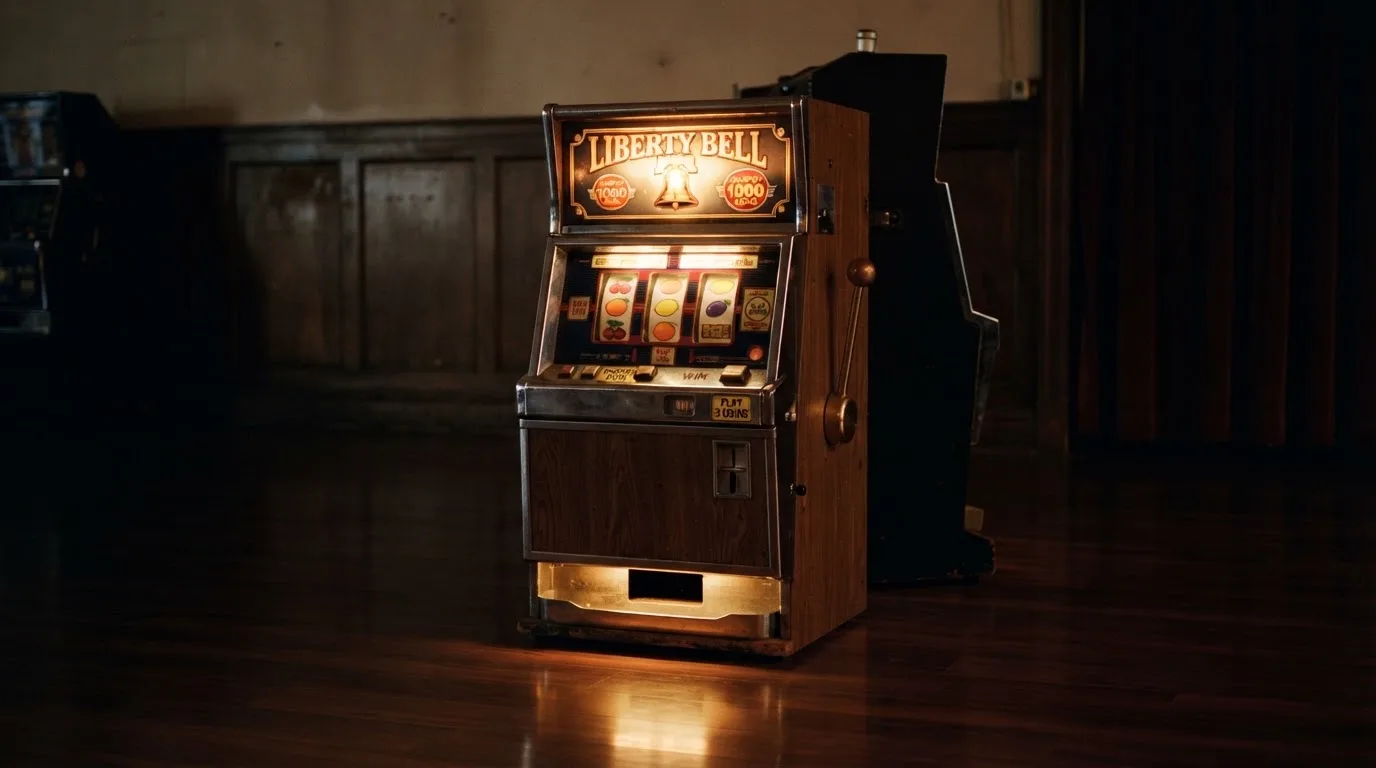 En gammal spelautomat lyser i den dunkla hallen och speglar sig i golvet — 5 euro casino i sverige