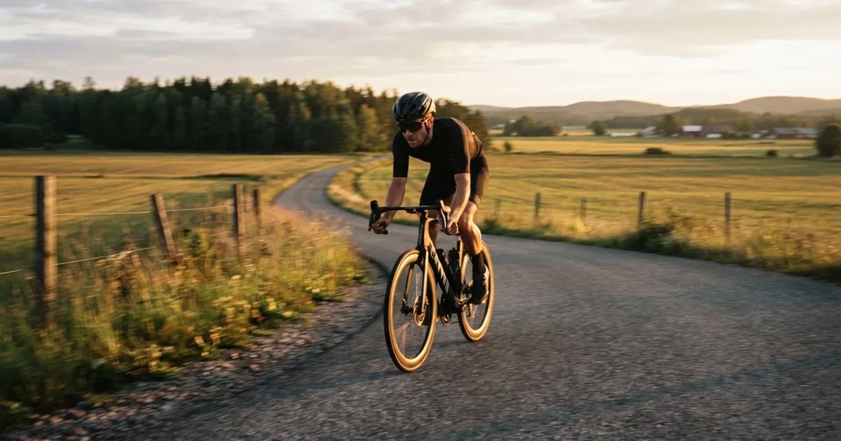 En cyklist susar längs en landsväg vid soluppgång, farten gör åkrarna suddiga i bakgrunden — 5 euro casino i sverige