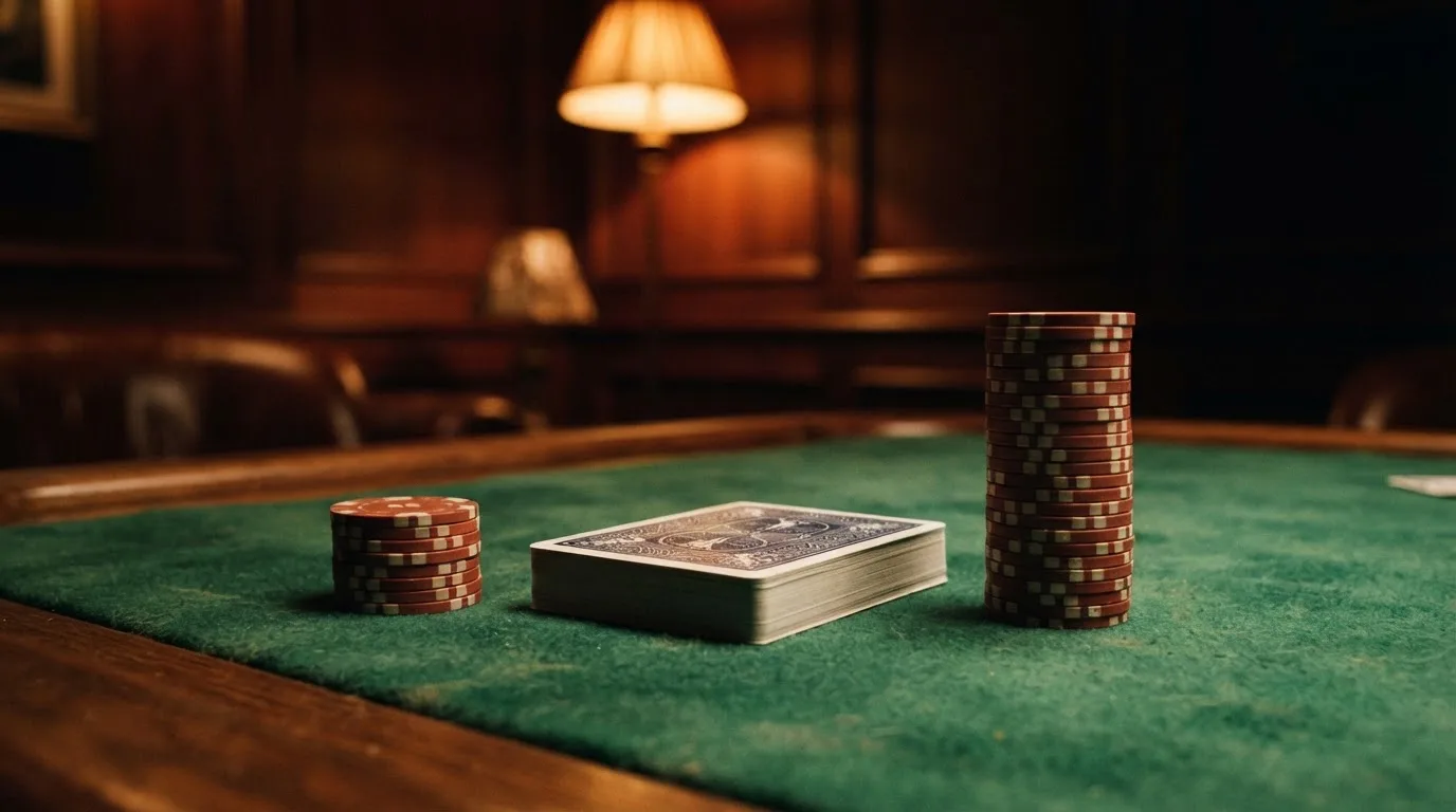 Kortlek och staplar av spelmarker på ett grönt filtbord i en dunkel salong, varmt lampsken — 50 euro casino i sverige
