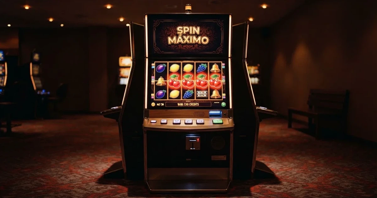 Rullarna på en spelautomat stannar i rad, klarröda körsbär lyser i den mörka spelhallen — 50 free spins casino i sverige