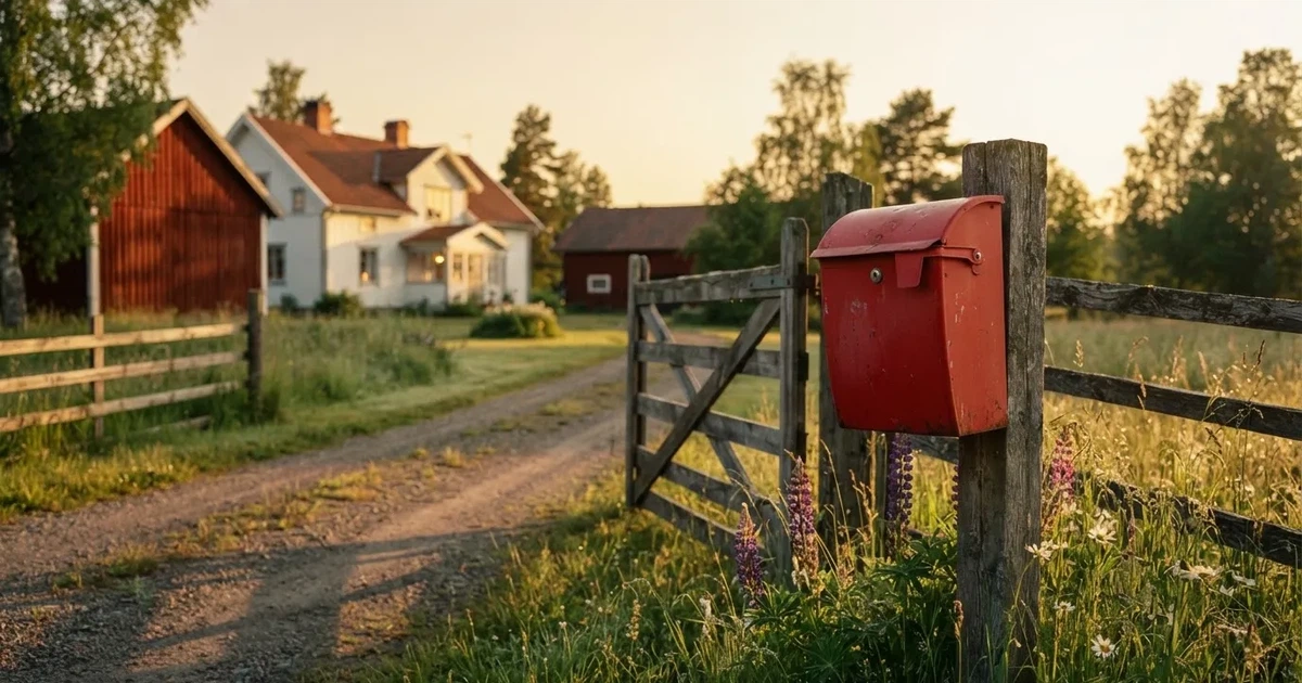 En röd brevlåda vid grinden till en lantgård en sommarkväll, daggigt gräs och långa skuggor — 50 kr casino i sverige