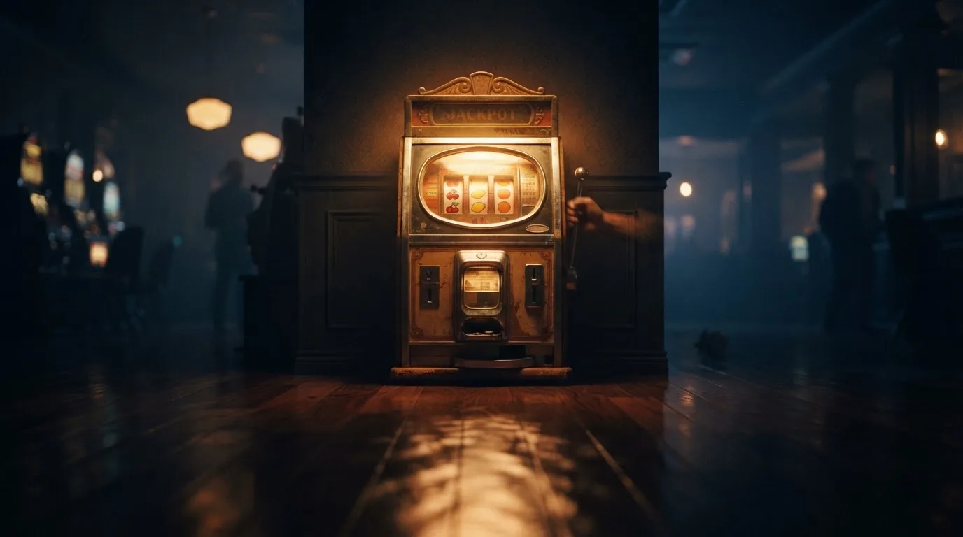 En gammal spelautomat lyser i den dunkla hallen och speglar sig i golvet — bästa kasino i sverige