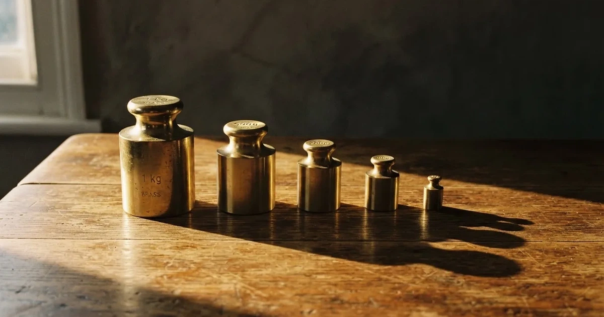 Blanka mässingsvikter i storleksordning på ett träbord, sidoljuset kastar långa skuggor — bästa kasino i sverige