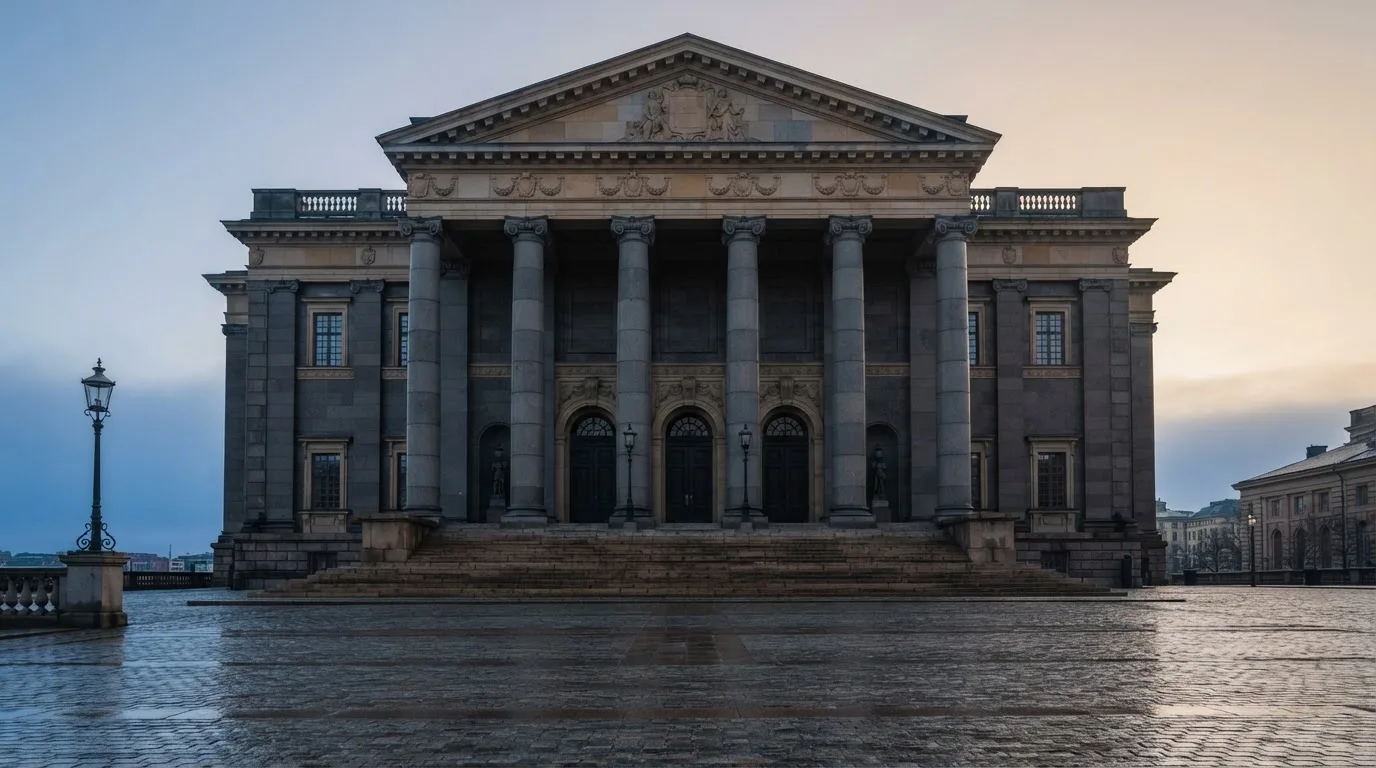 Stenfasad på en statlig byggnad i Stockholm vid gryning, höga pelare och ett tomt torg framför — bästa kasino i sverige