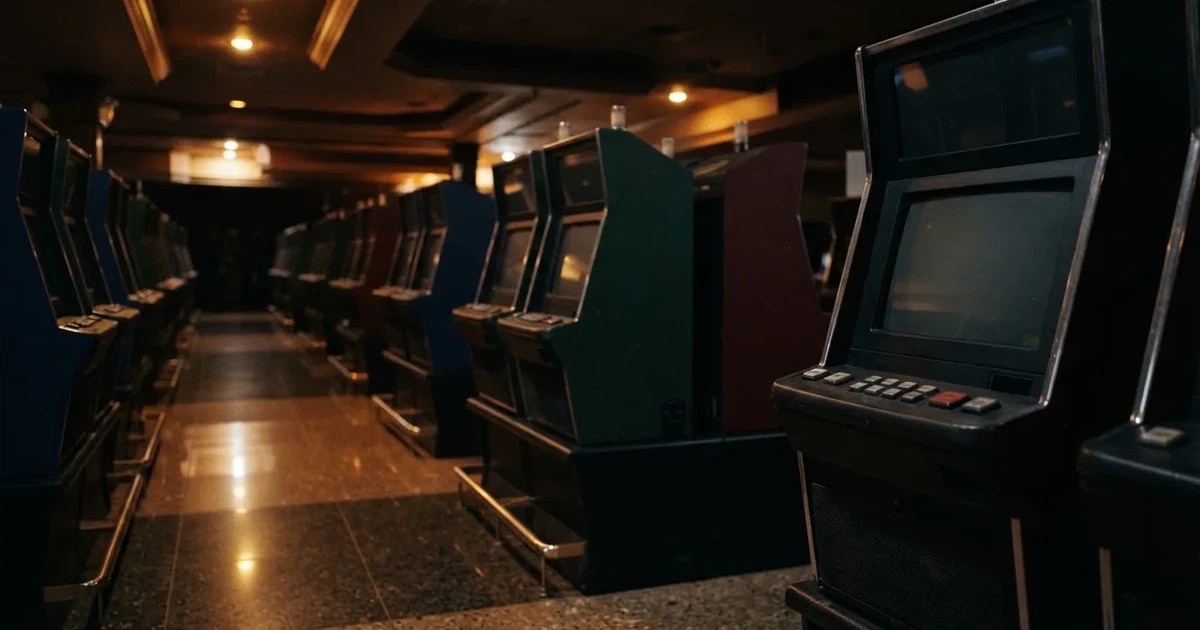 Rader av tomma spelautomater med släckta skärmar står uppställda i ett dimmat rum, fotograferat snett från sidan.