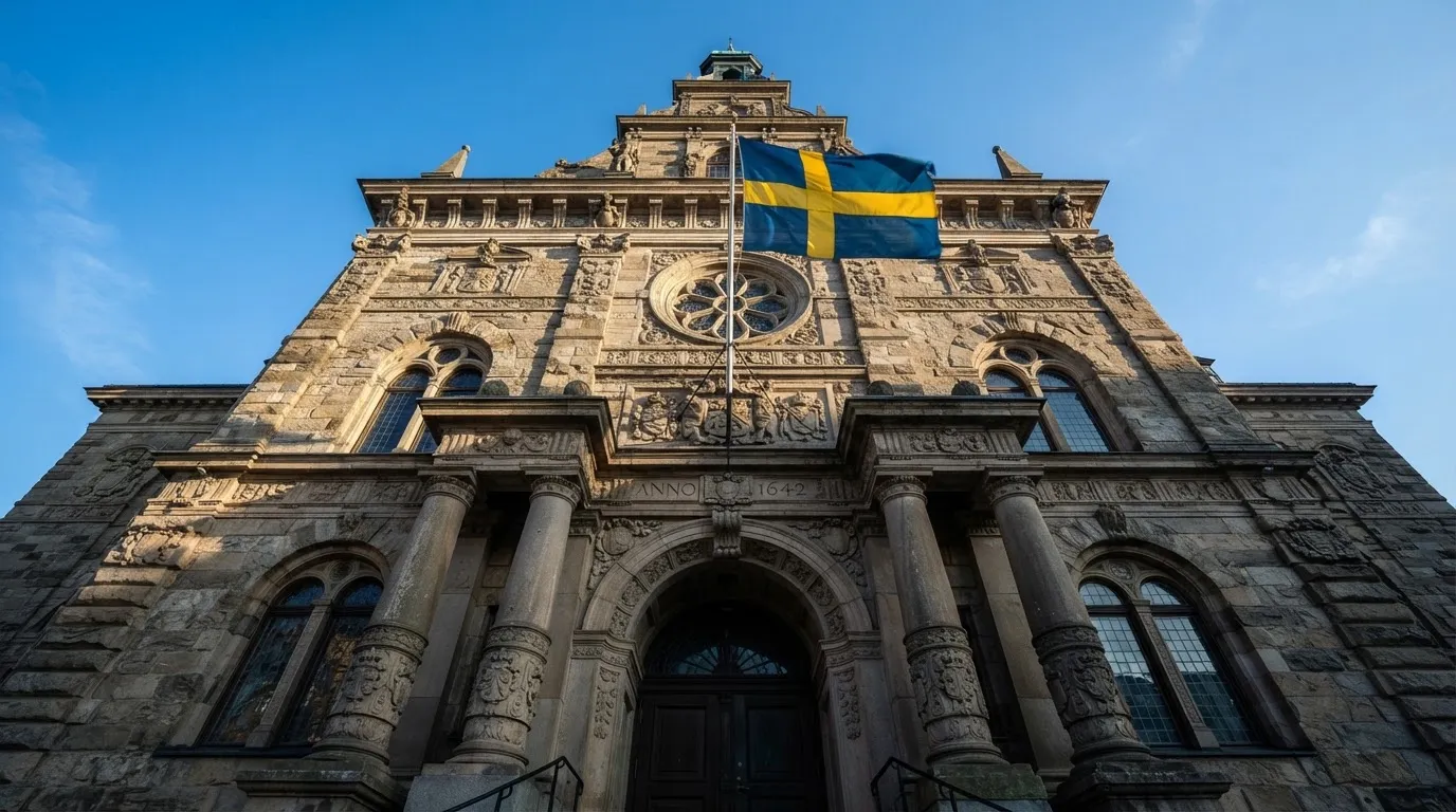 Ett gammalt stadshus i sten fotograferat underifrån mot en klarblå himmel, med den svenska flaggan som fladdrar ovanför entrén.