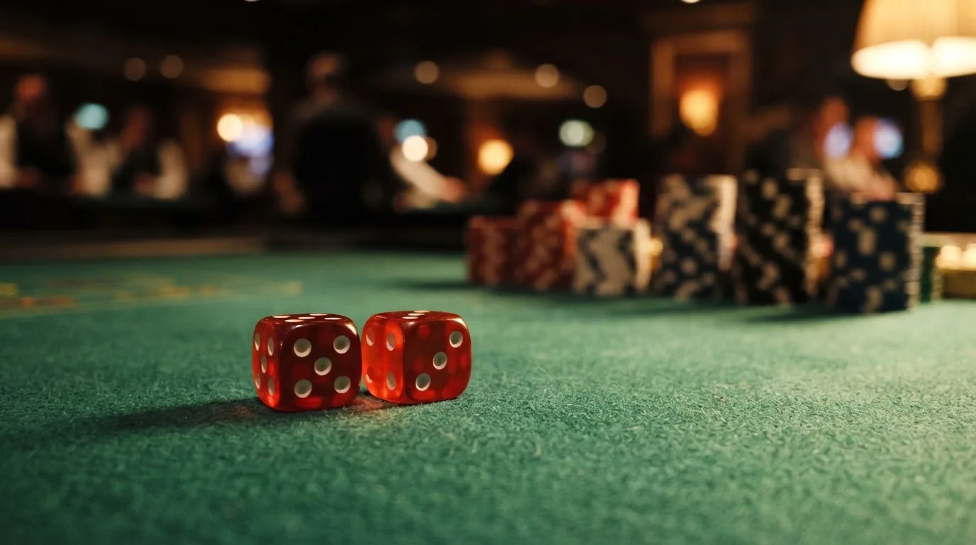 Röda tärningar vilar på grönt filt, bakom dem suddiga torn av spelmarker i kvällsdunklet — betala på casino i sverige