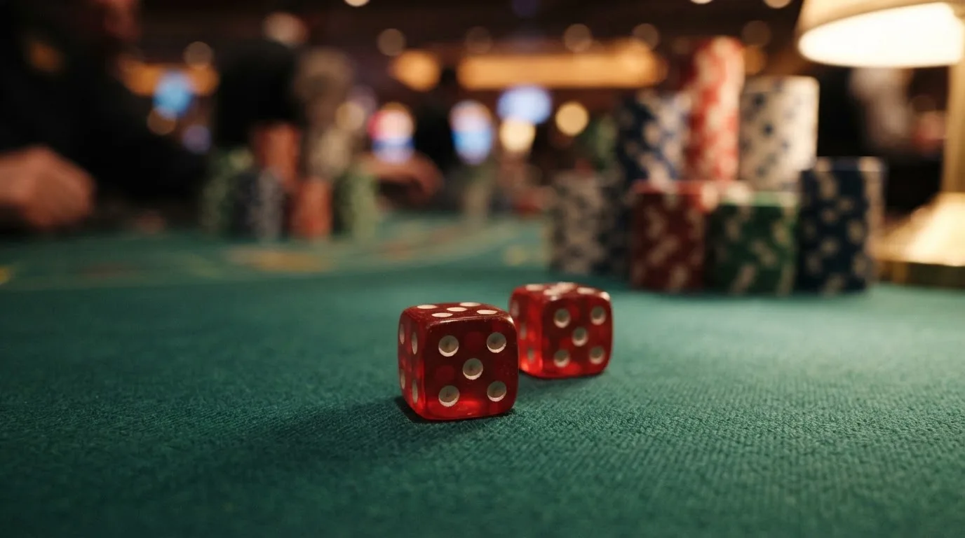 Röda tärningar vilar på grönt filt, bakom dem suddiga torn av spelmarker i kvällsdunklet — blackjack gratis i sverige