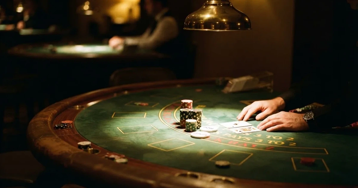 Ett ovalt pokerbord under en lågt hängande lampa, med spelmarker och en vit bricka i ljuset — blackjack med live dealer i sverige
