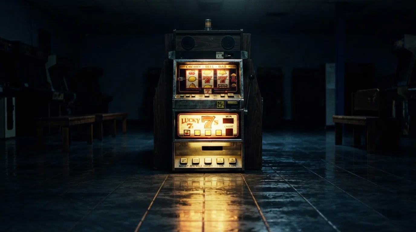 En gammal spelautomat lyser i den dunkla hallen och speglar sig i golvet — blackjack på nätet i sverige