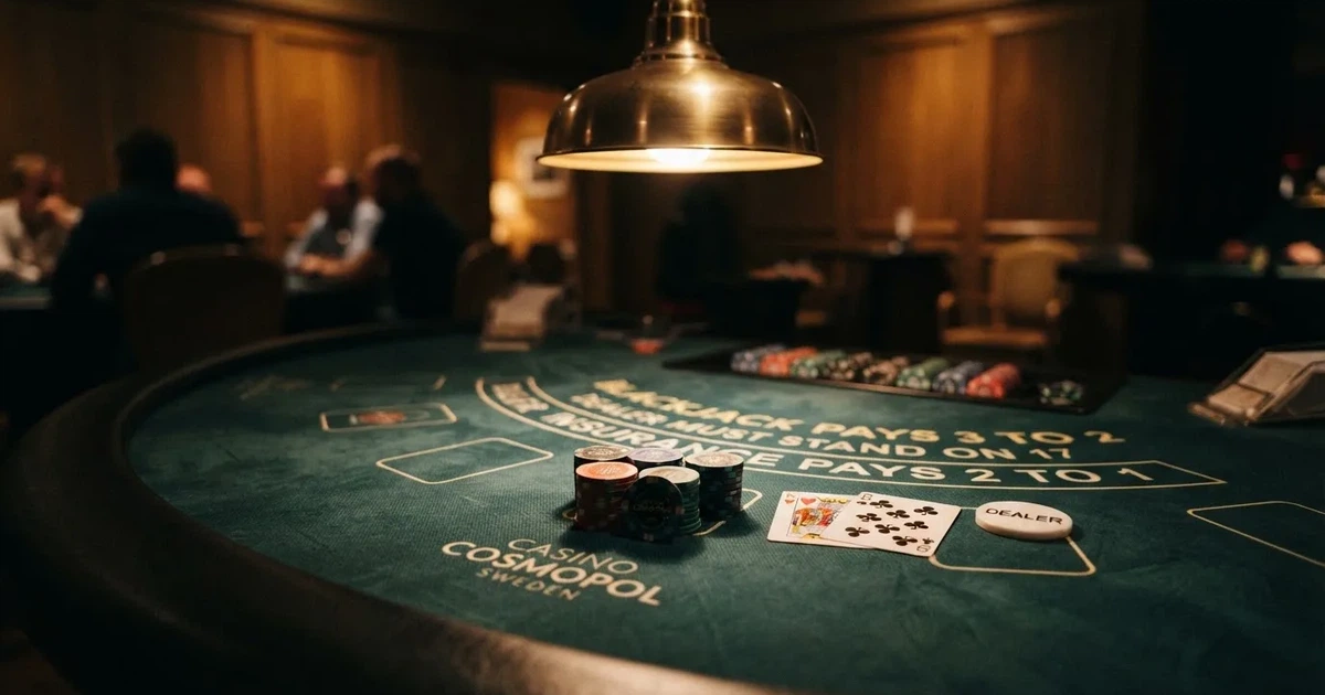 Ett ovalt pokerbord under en lågt hängande lampa, med spelmarker och en vit bricka i ljuset — blackjack på nätet i sverige