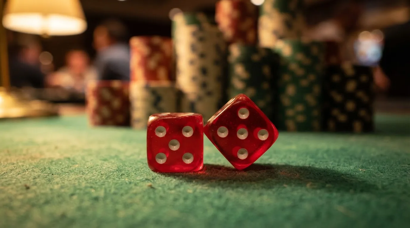 Röda tärningar vilar på grönt filt, bakom dem suddiga torn av spelmarker i kvällsdunklet — bra svenska casinon