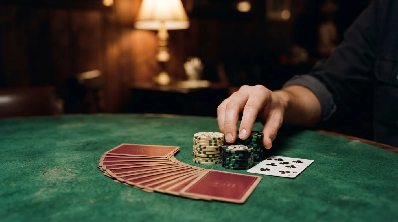 Kortlek och staplar av spelmarker på ett grönt filtbord i en dunkel salong, varmt lampsken — cashback på casino i sverige