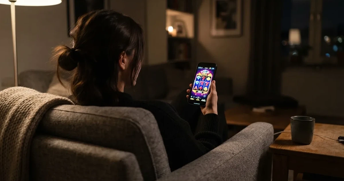 En hand håller en smartphone med skärmen vänd nedåt medan personen sitter i en fåtölj i mjukt kvällsljus.