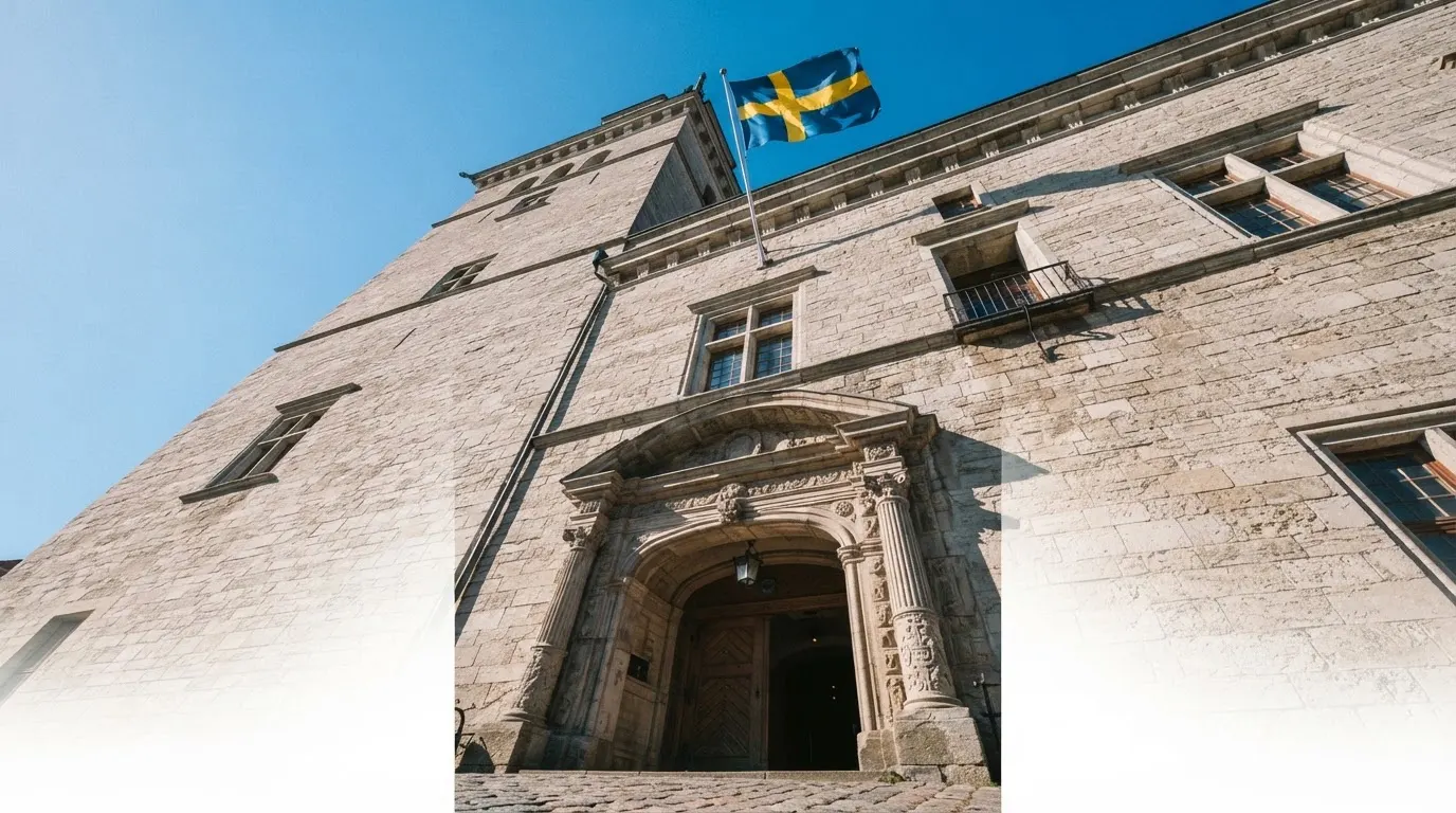 Ett gammalt stadshus i sten fotograferat underifrån mot en klarblå himmel, med den svenska flaggan som fladdrar ovanför entrén.