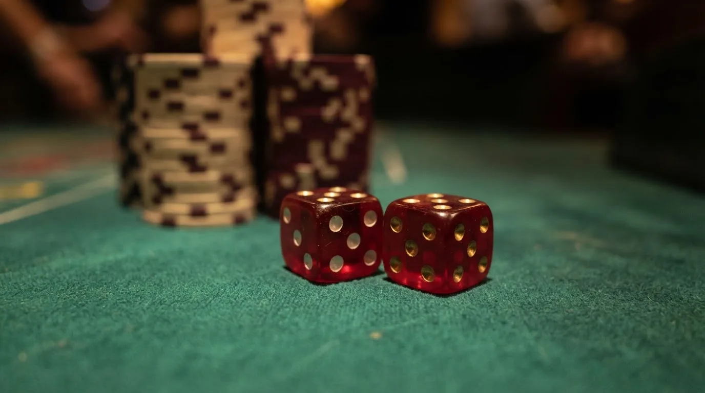 Röda tärningar vilar på grönt filt, bakom dem suddiga torn av spelmarker i kvällsdunklet — casino erbjudanden i sverige