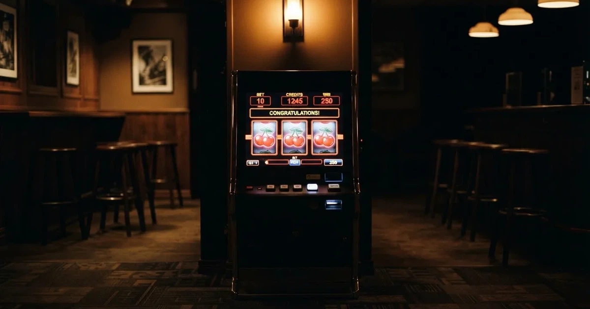 Rullarna på en spelautomat stannar i rad, klarröda körsbär lyser i den mörka spelhallen — casino erbjudanden i sverige