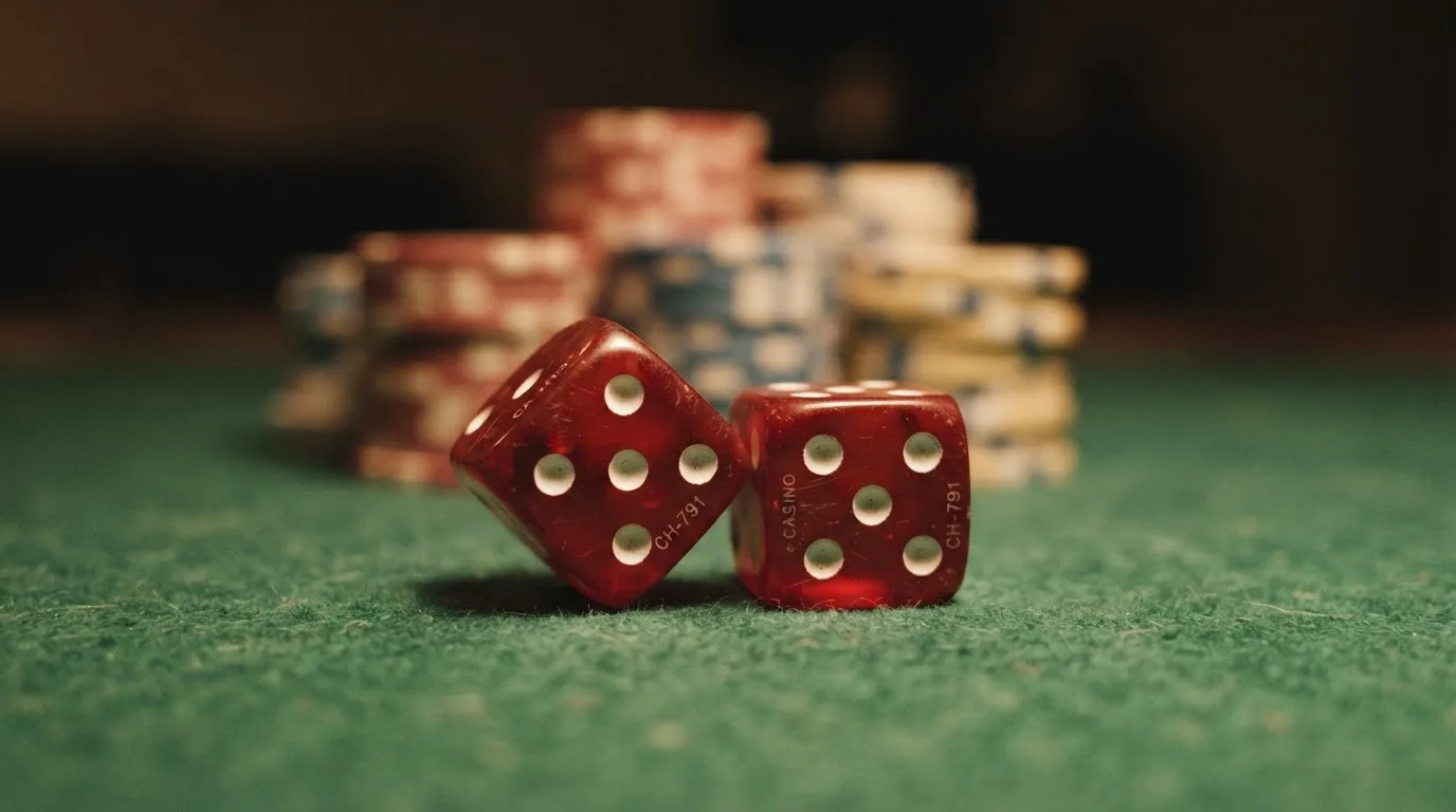 Röda tärningar vilar på grönt filt, bakom dem suddiga torn av spelmarker i kvällsdunklet — casino guider för svenskar