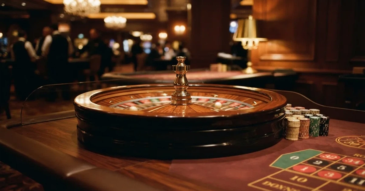 Ett roulettehjul snurrar på ett blankt träbord, den vita kulan glimmar i takljusets guld — casinon för riktiga pengar