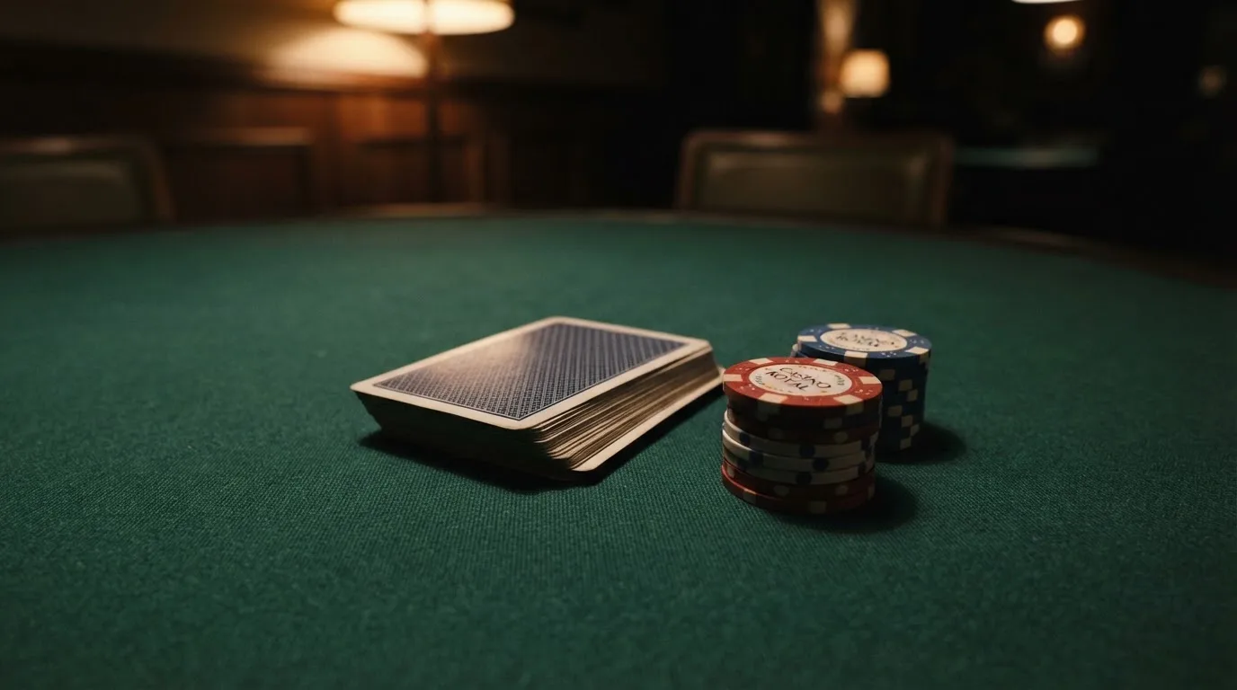 Kortlek och staplar av spelmarker på ett grönt filtbord i en dunkel salong, varmt lampsken — casinon med baccarat i sverige