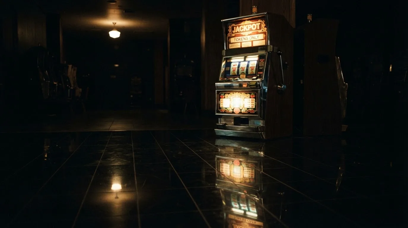 En gammal spelautomat lyser i den dunkla hallen och speglar sig i golvet — casinon med bankid i sverige
