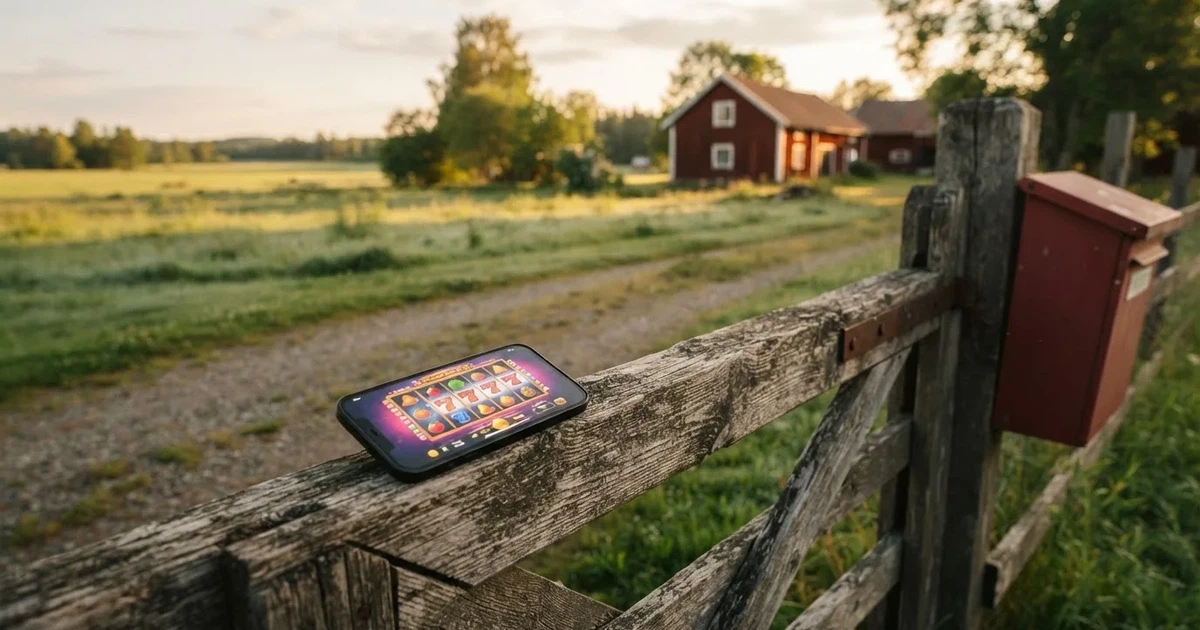 En röd brevlåda vid grinden till en lantgård en sommarkväll, daggigt gräs och långa skuggor — casinon med bankid i sverige