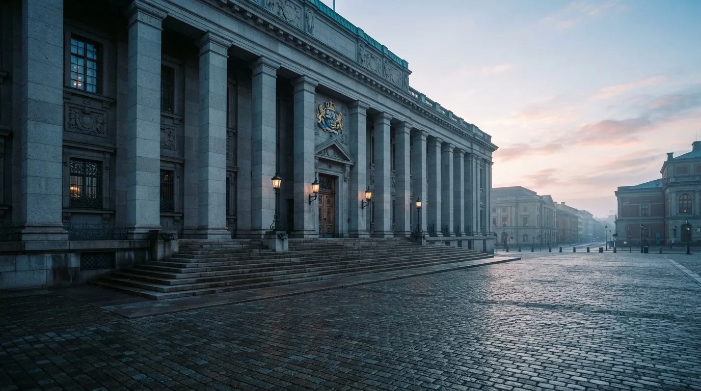Stenfasad på en statlig byggnad i Stockholm vid gryning, höga pelare och ett tomt torg framför — casinon med bankid i sverige