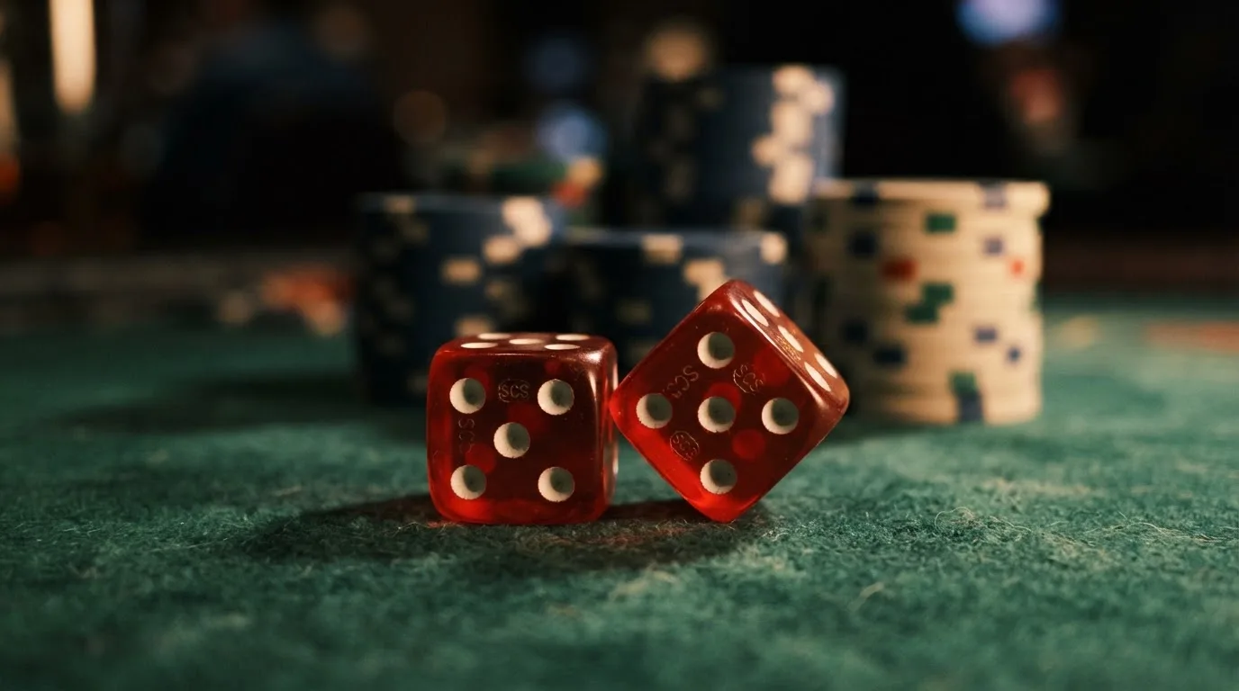 Röda tärningar vilar på grönt filt, bakom dem suddiga torn av spelmarker i kvällsdunklet — casinon med bingo i sverige